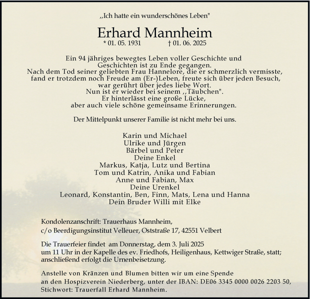  Traueranzeige für Erhard Mannheim vom 28.06.2025 aus Tageszeitung