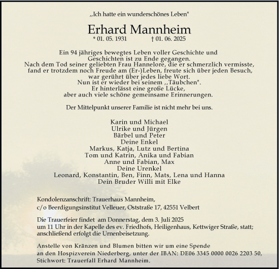 Traueranzeige von Erhard Mannheim von Tageszeitung