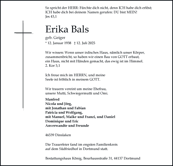 Traueranzeige von Erika Bals von Tageszeitung