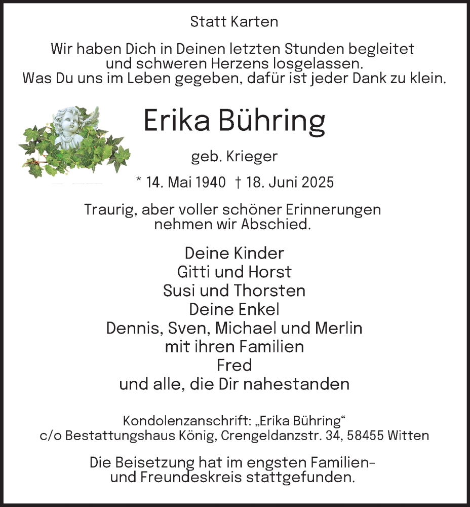  Traueranzeige für Erika Bühring vom 28.06.2025 aus Tageszeitung