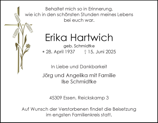 Traueranzeige von Erika Hartwich von Tageszeitung