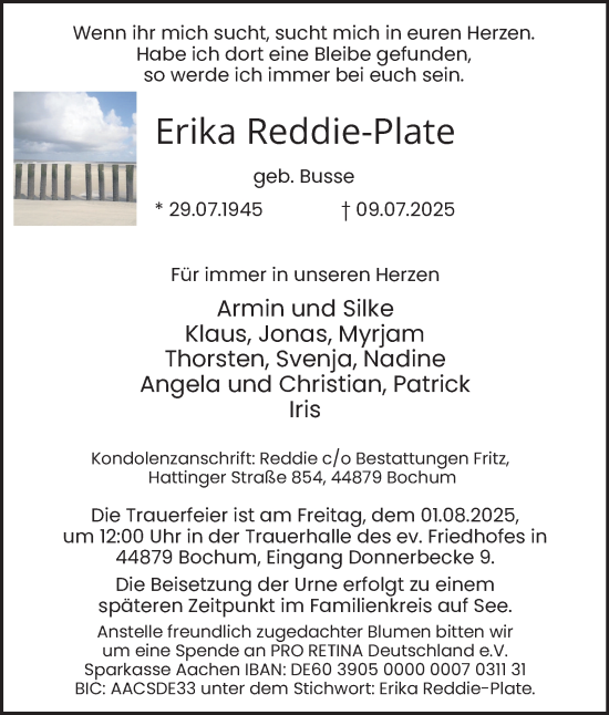 Traueranzeige von Erika Reddie-Plate von Tageszeitung