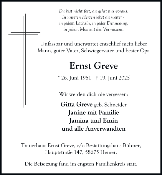 Traueranzeige von Ernst Greve von Tageszeitung