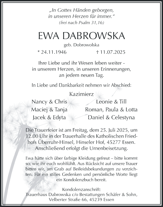 Traueranzeige von Ewa Dabrowska von Tageszeitung