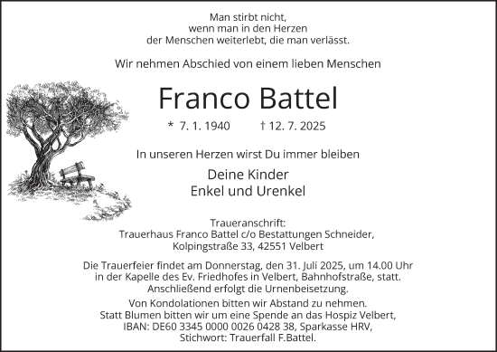 Traueranzeige von Franco Battel von Tageszeitung