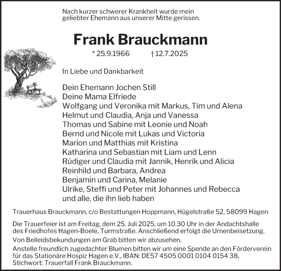 Traueranzeige von Frank Brauckmann von Tageszeitung