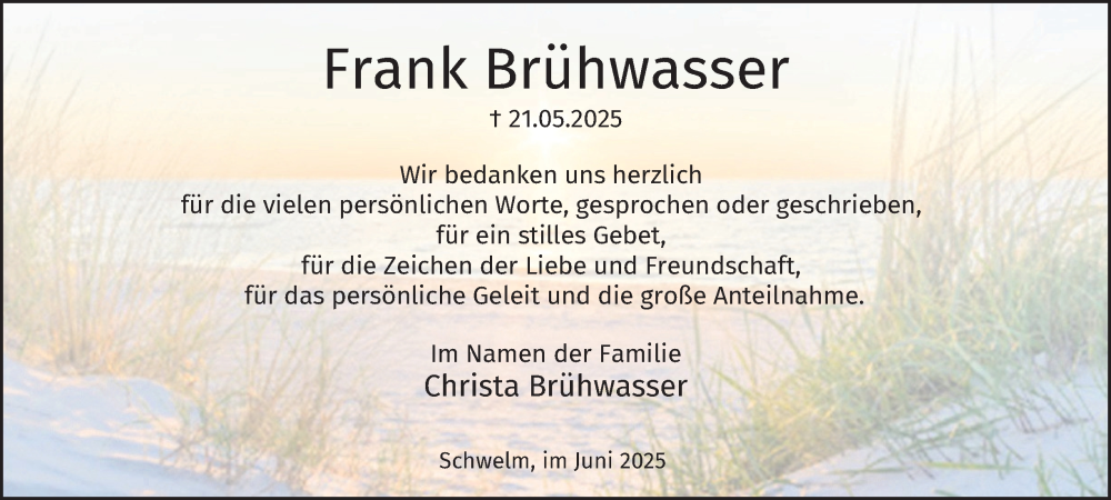  Traueranzeige für Frank Brühwasser vom 05.07.2025 aus Tageszeitung