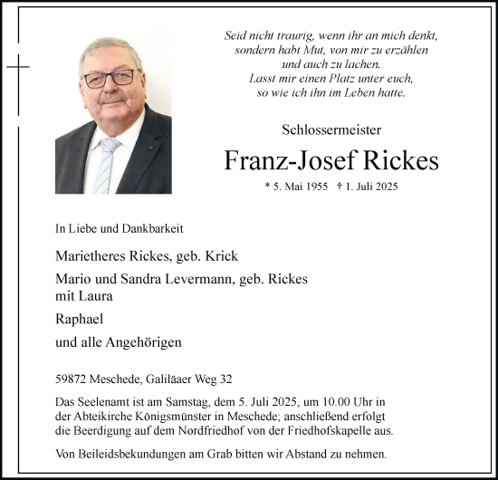 Traueranzeige von Franz-Josef Rickes von Tageszeitung