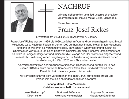 Traueranzeige von Franz-Josef Rickes von Tageszeitung