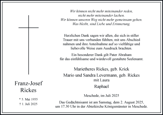 Traueranzeige von Franz-Josef Rickes von Tageszeitung
