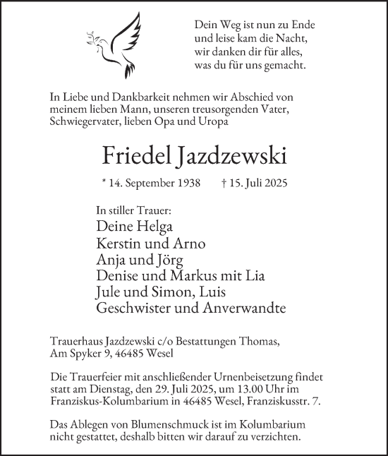 Traueranzeige von Friedel Jazdzewski von Tageszeitung