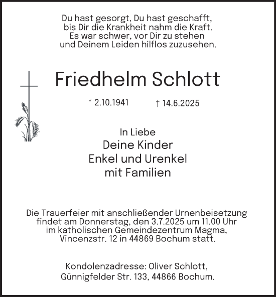 Traueranzeige von Friedhelm Schlott von Tageszeitung