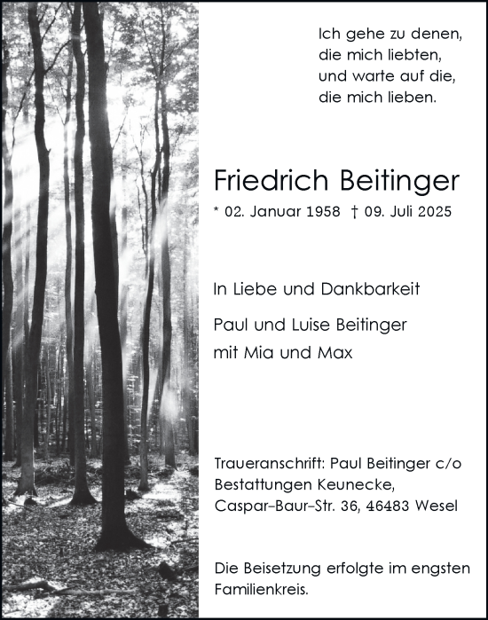 Traueranzeige von Friedrich Beitinger von Tageszeitung