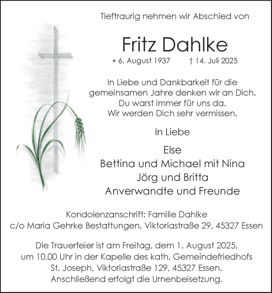 Traueranzeige von Fritz Dahlke von Tageszeitung