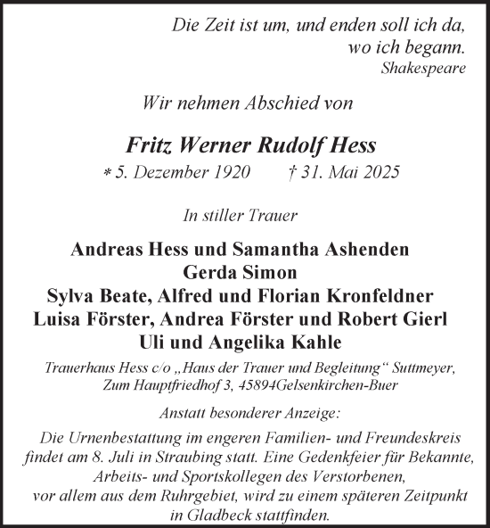 Traueranzeige von Fritz  Hess von Tageszeitung