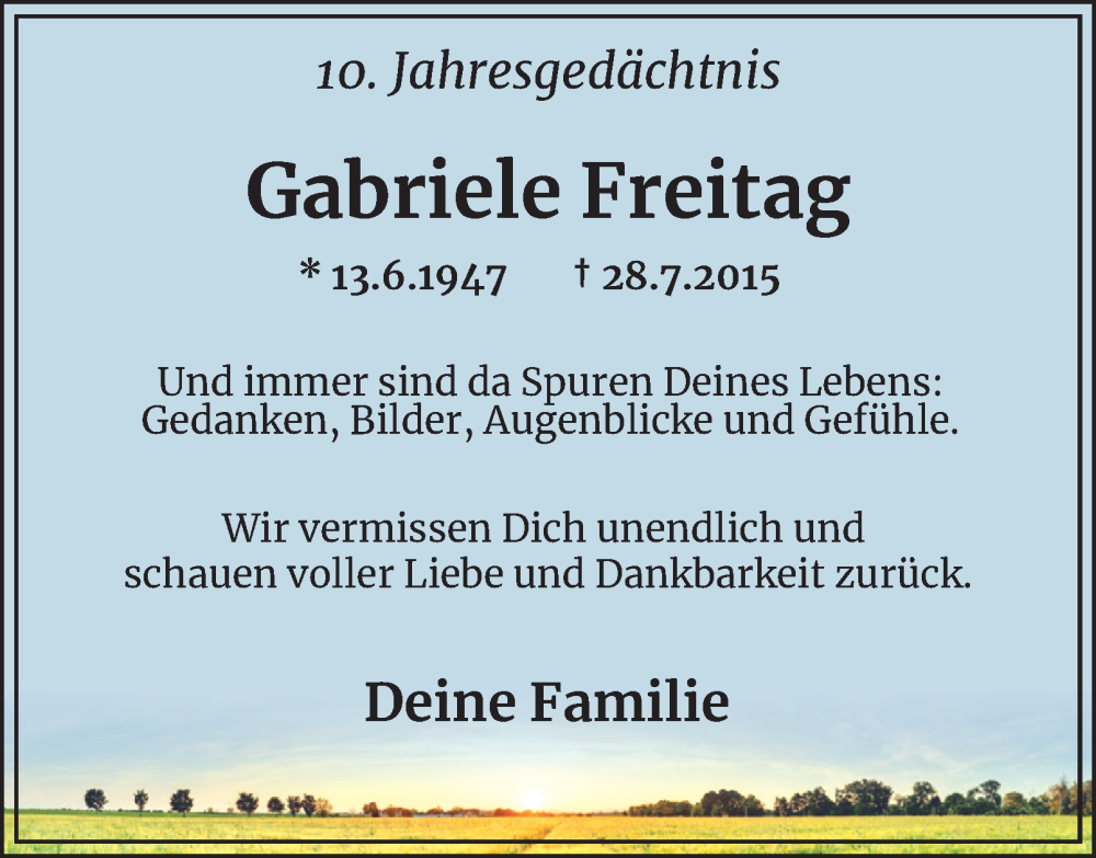  Traueranzeige für Gabriele Freitag vom 28.07.2025 aus Tageszeitung