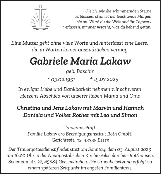 Traueranzeige von Gabriele Maria Lakaw von Tageszeitung