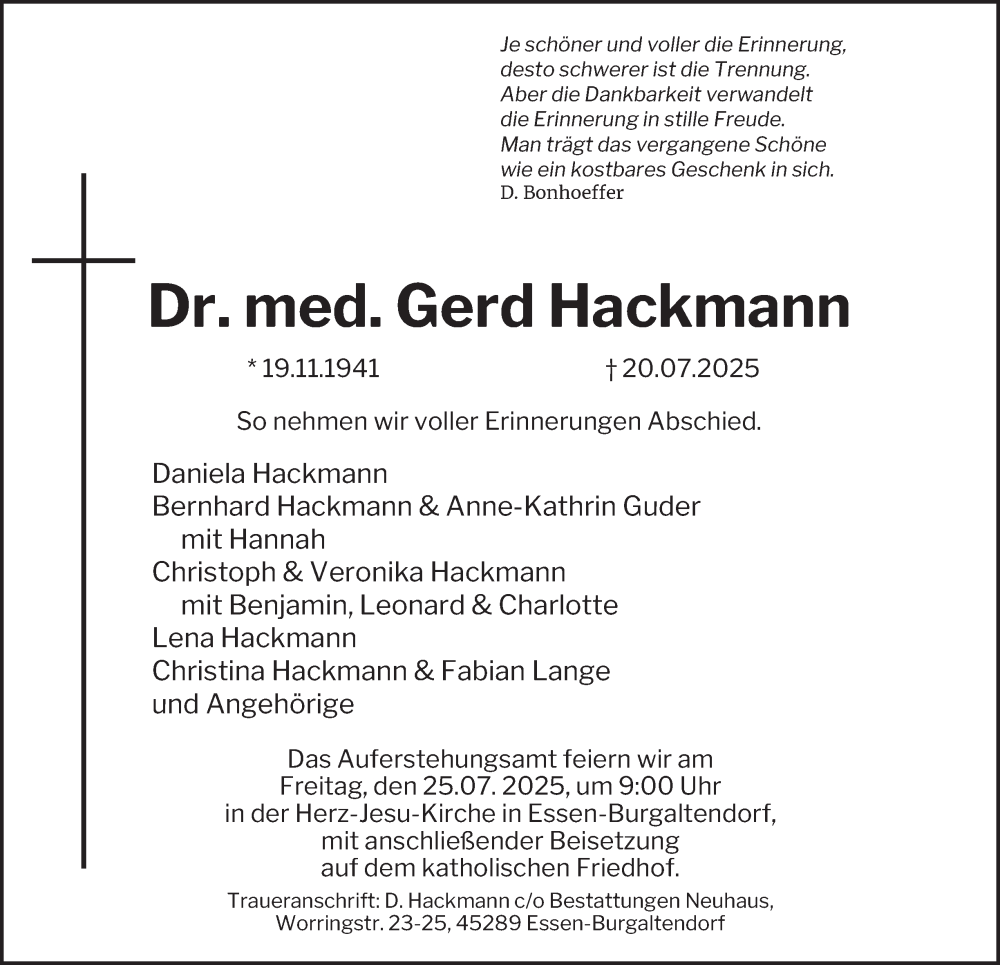 Traueranzeige für Gerd Hackmann vom 23.07.2025 aus Tageszeitung
