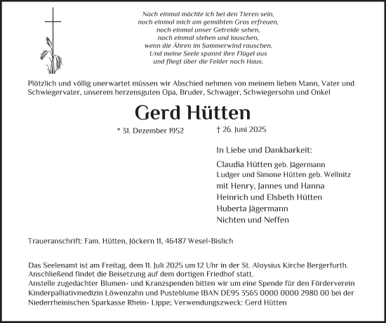 Traueranzeige von Gerd Hütten von Tageszeitung