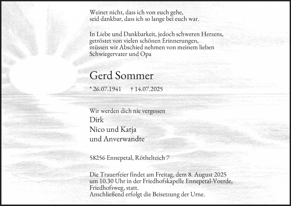  Traueranzeige für Gerd Sommer vom 19.07.2025 aus Tageszeitung