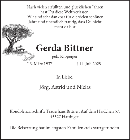Traueranzeige von Gerda Bittner von Tageszeitung