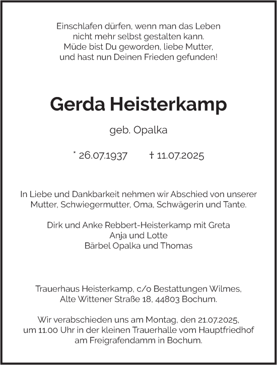 Traueranzeige von Gerda Heisterkamp von Tageszeitung