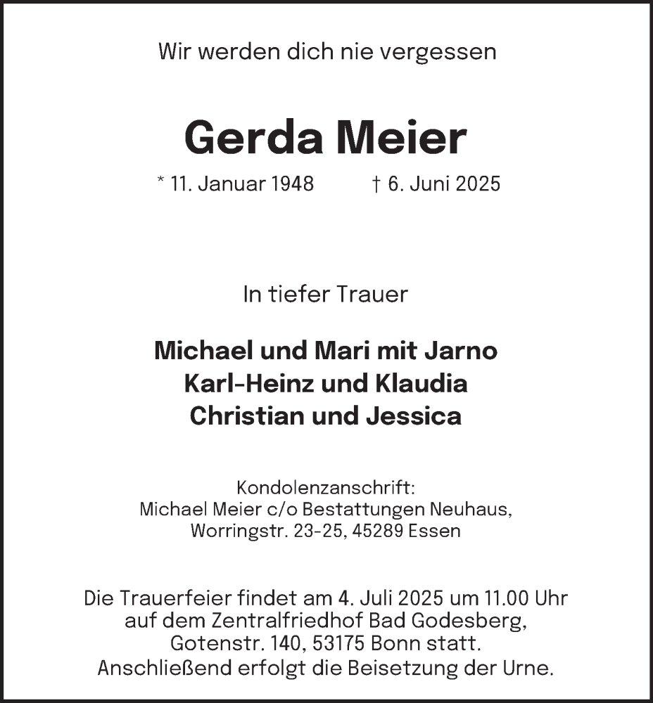 Traueranzeige für Gerda Meier vom 28.06.2025 aus Tageszeitung