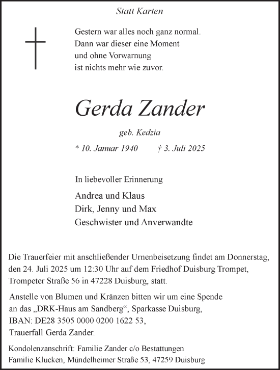 Traueranzeige von Gerda Zander von Tageszeitung