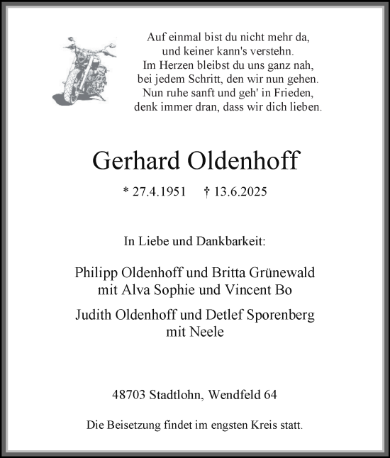 Traueranzeige von Gerhard Oldenhoff von Tageszeitung