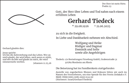 Traueranzeige von Gerhard Tiedeck von Tageszeitung