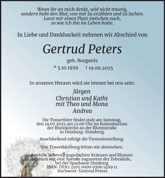 Traueranzeige von Gertrud Peters von Tageszeitung