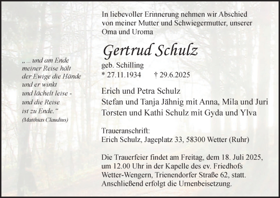 Traueranzeige von Gertrud Schulz von Tageszeitung