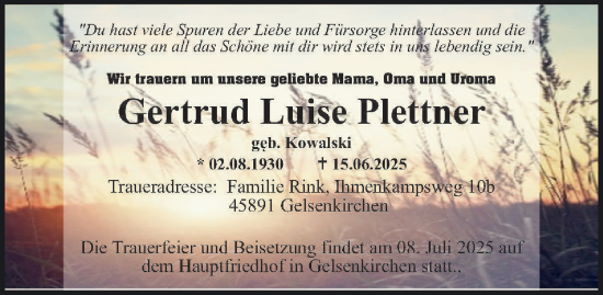 Traueranzeige von Gertrud Luise Plettner von Tageszeitung