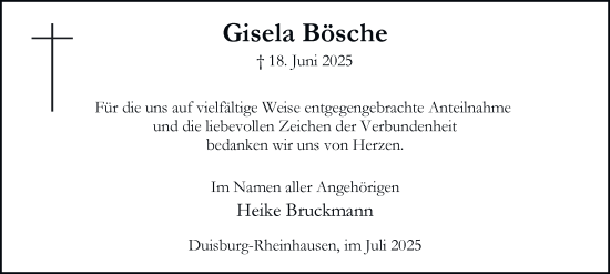 Traueranzeige von Gisela Bösche von Tageszeitung