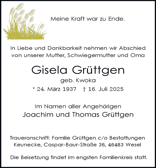 Traueranzeige von Gisela Grüttgen von Tageszeitung