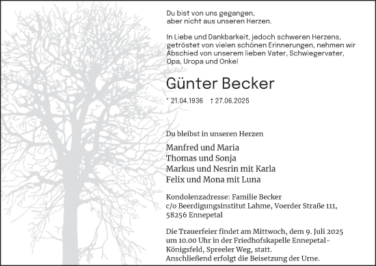 Traueranzeige von Günter Becker von Tageszeitung