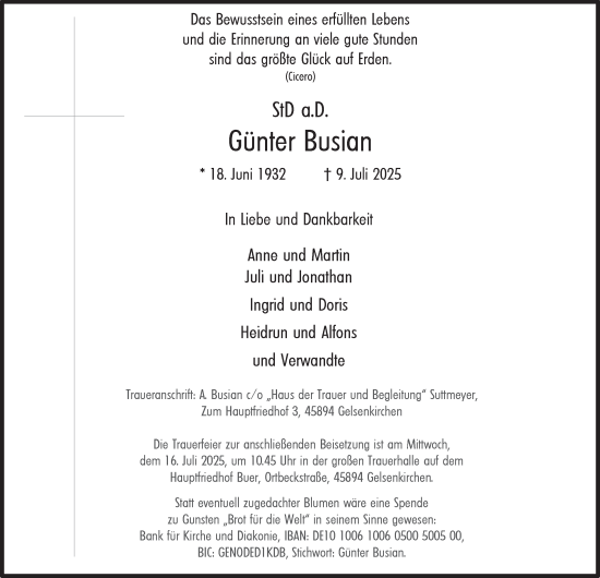 Traueranzeige von Günter Busian von Tageszeitung