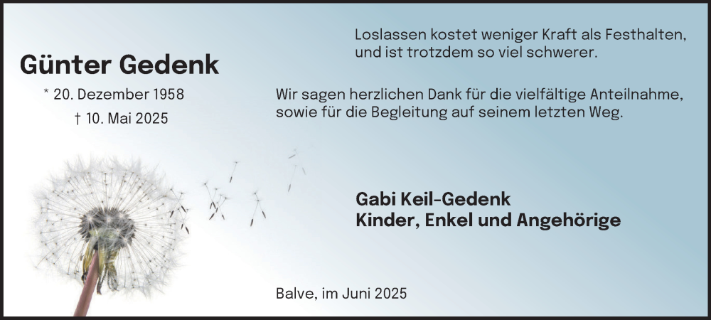  Traueranzeige für Günter Gedenk vom 28.06.2025 aus Tageszeitung