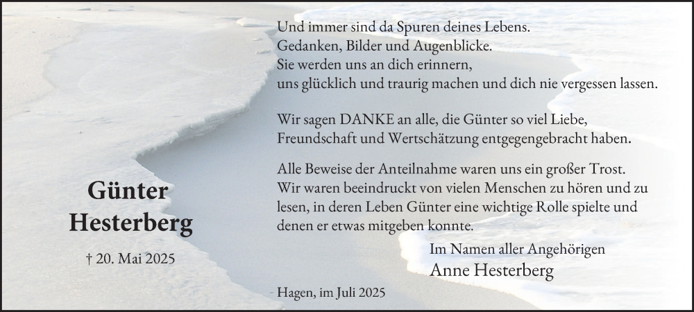  Traueranzeige für Günter Hesterberg vom 12.07.2025 aus Tageszeitung