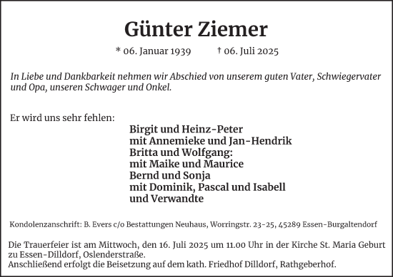 Traueranzeige von Günter Ziemer von Tageszeitung