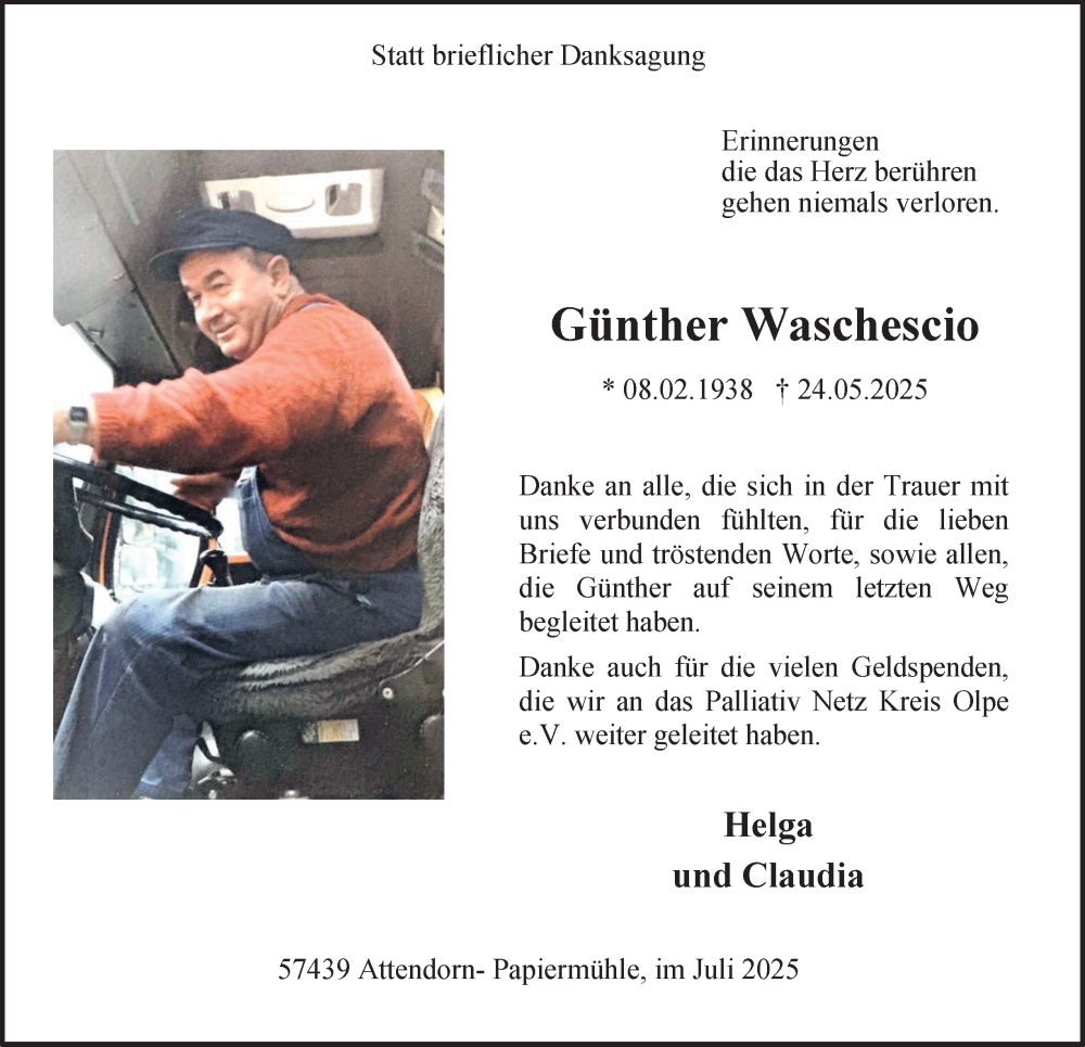  Traueranzeige für Günther Waschescio vom 05.07.2025 aus Tageszeitung