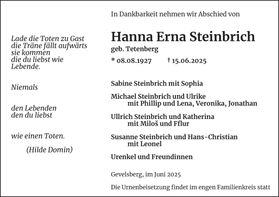 Traueranzeige von Hanna Erna Steinbrich von Tageszeitung