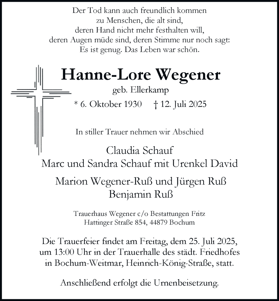  Traueranzeige für Hanne-Lore Wegener vom 19.07.2025 aus Tageszeitung