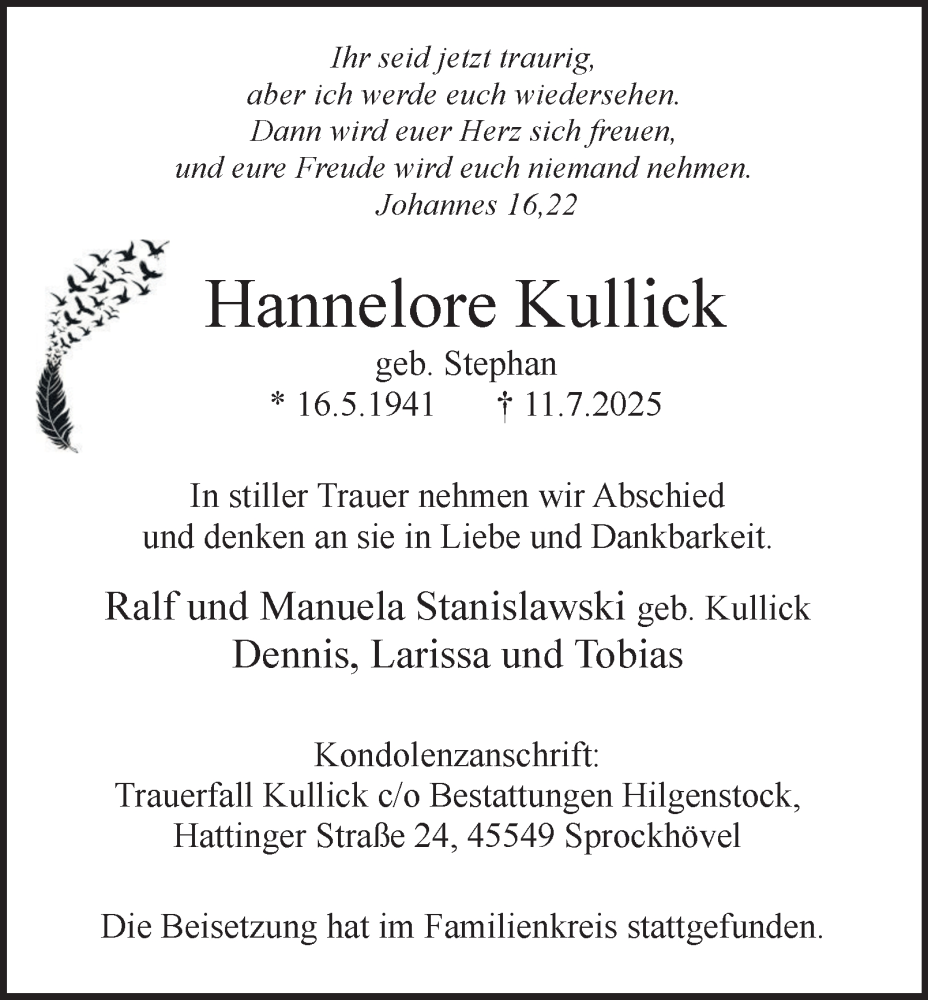  Traueranzeige für Hannelore Kullick vom 26.07.2025 aus Tageszeitung