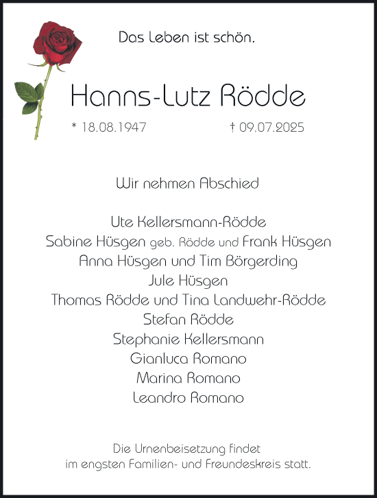 Traueranzeige von Hanns-Lutz Rödde von Tageszeitung