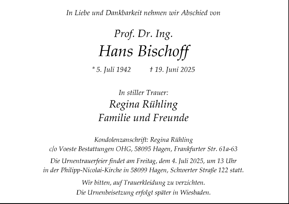  Traueranzeige für Hans Bischoff vom 28.06.2025 aus Tageszeitung