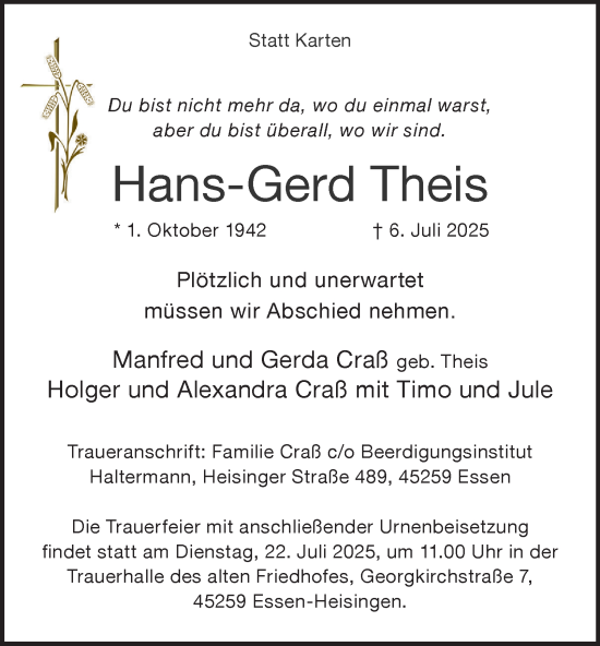 Traueranzeige von Hans-Gerd Theis von Tageszeitung