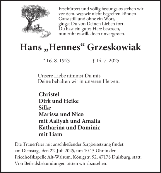 Traueranzeige von Hans Grzeskowiak von Tageszeitung