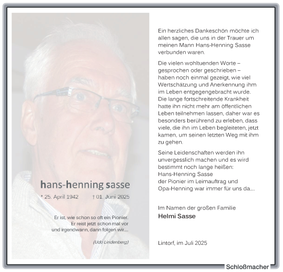 Traueranzeige von Hans-Henning Sasse von Tageszeitung