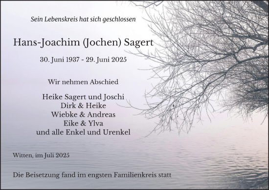 Traueranzeige von Hans-Joachim Sagert von Tageszeitung